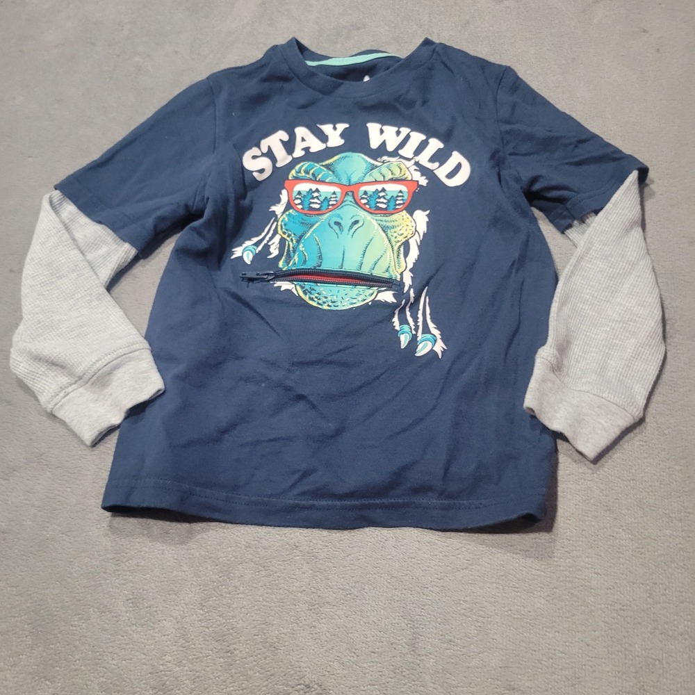 365 Kids Garanimal Shirt Boys 6 Navy Stay Wild Dinosaur Zipper Mouth Layered Tee